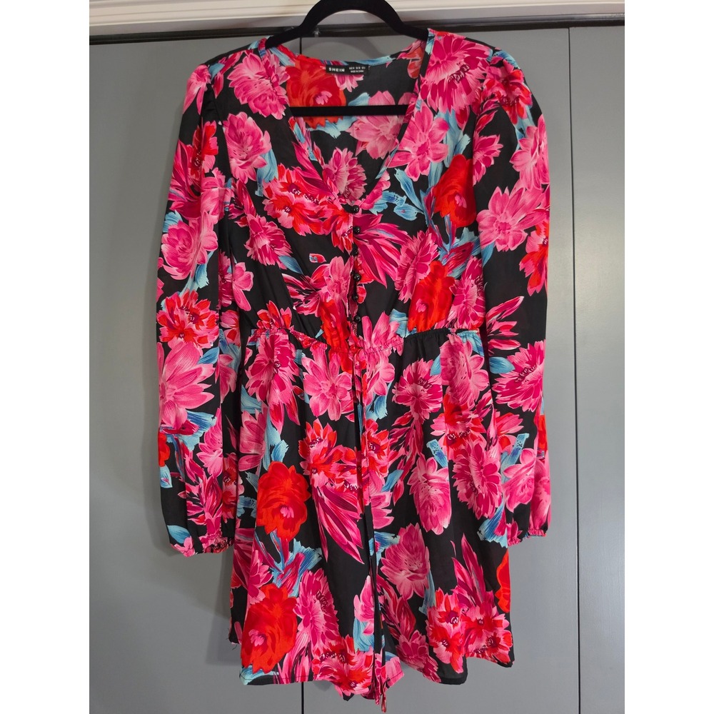 NWT SHEIN Romper Size M Black Pink Floral V-Neck Button Front Long Sleeve Romper